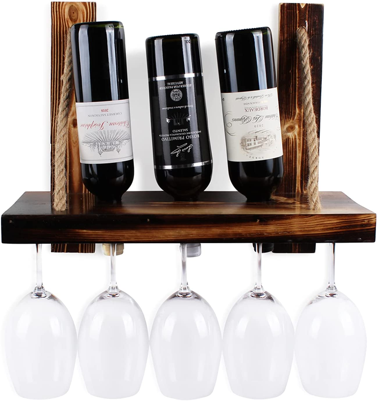 Charmont Wooden Rustic Wine Rack - Floating Wall Mounted Rope Hanging Wine & Glass Shelf