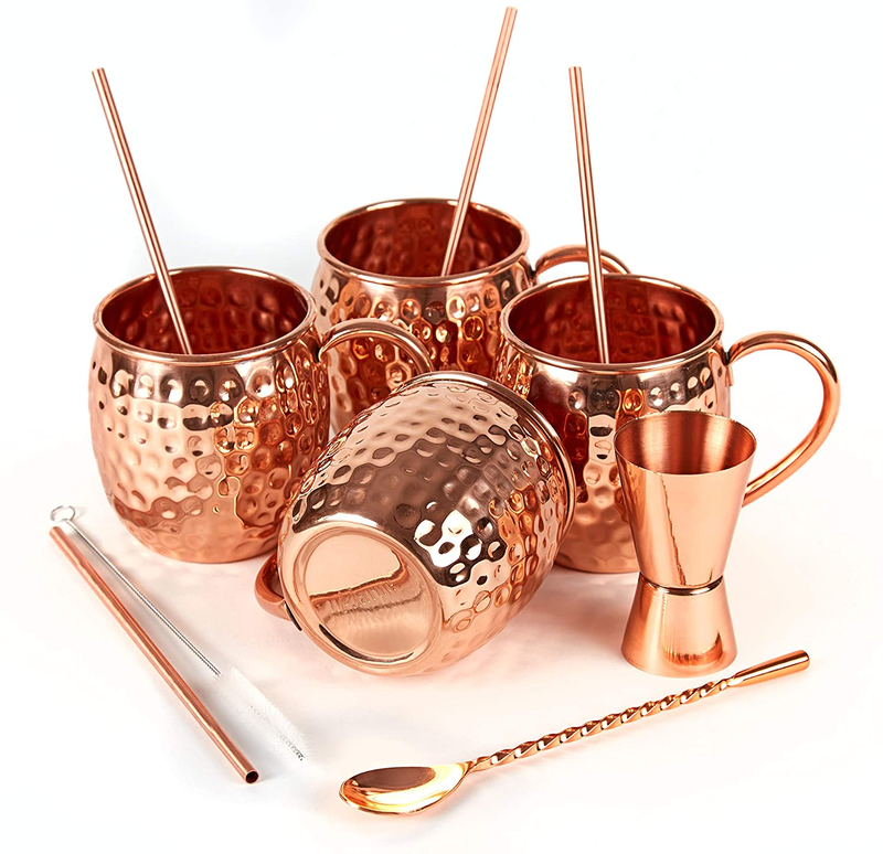 Moscow Mule Copper Mugs Set - 4 Authentic Handcrafted Mugs (16 oz.) with 4 Copper Straws